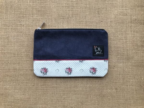 Pochette provençale tissu blanc fleuri jean bleu Pocheto