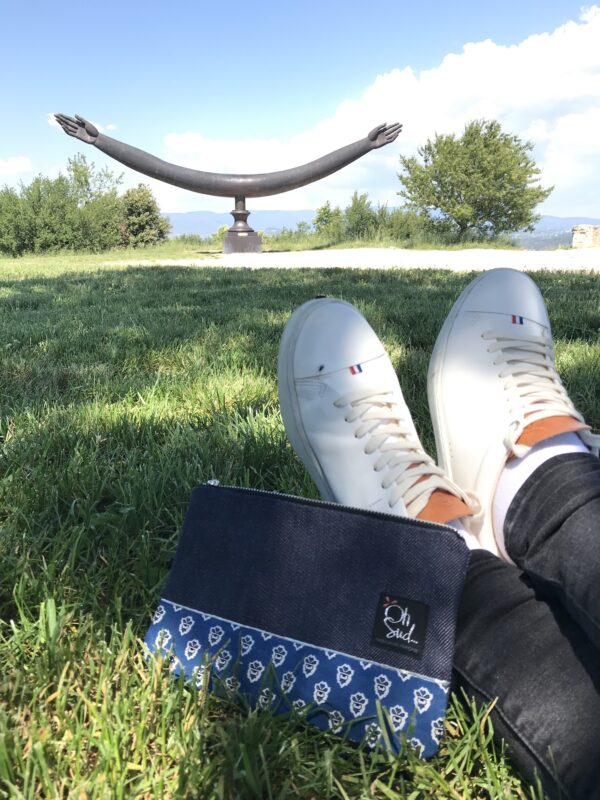liberty, pochette en jean et tissu imprimé bleu